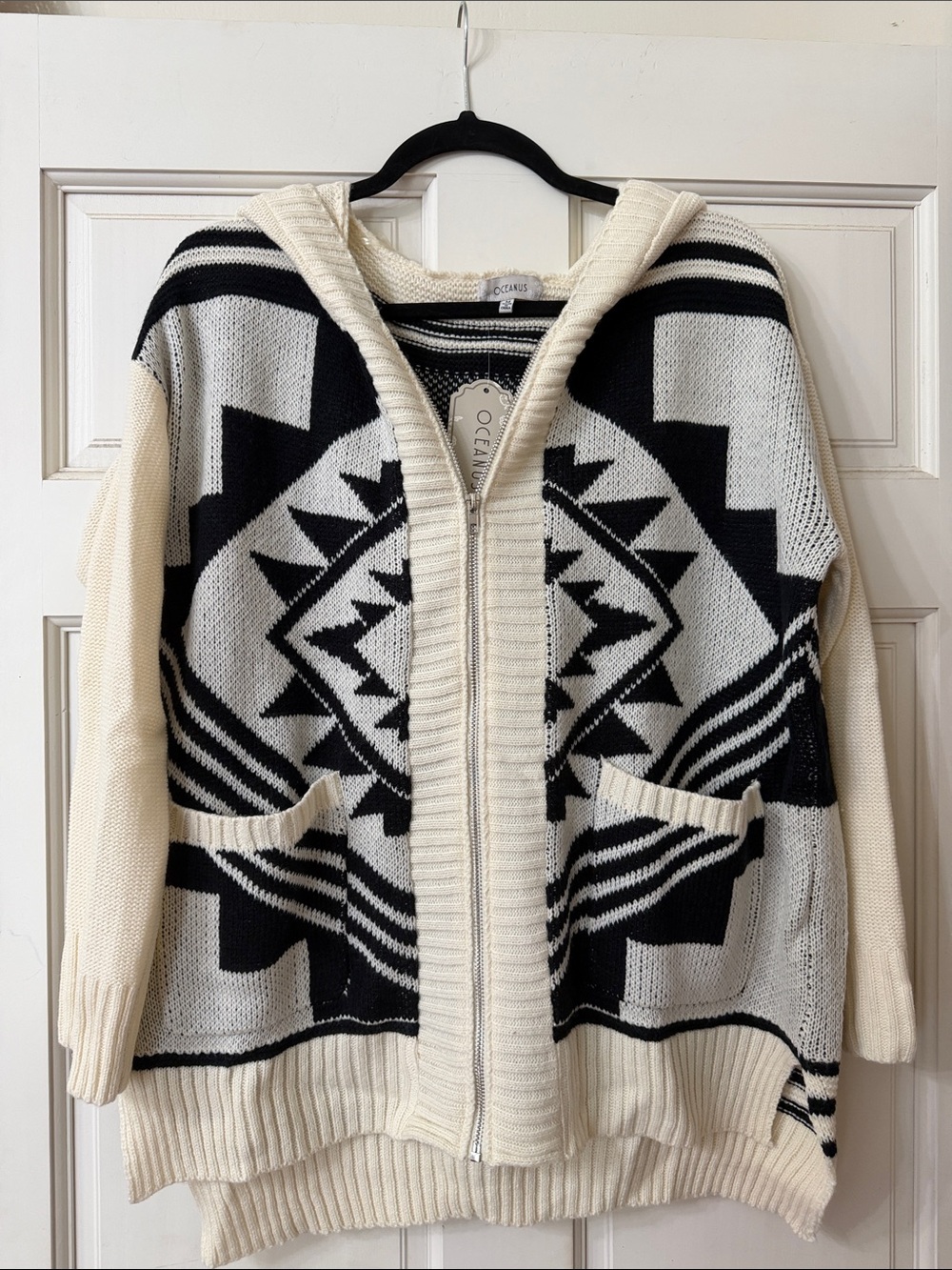 Oceanside Cream & Black Hooded Zip Cardigan Sweater